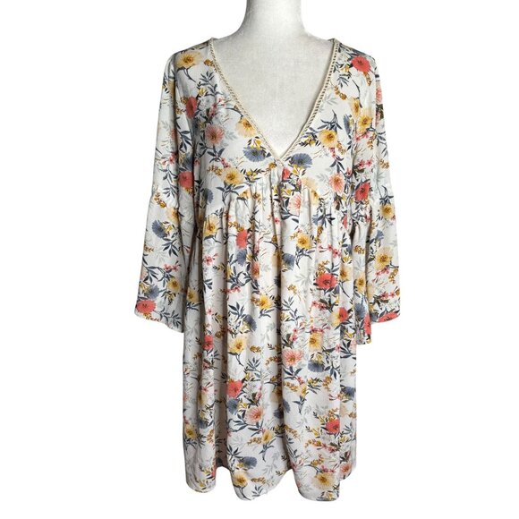 Umgee Floral Boho Long Sleeve V Neck Babydoll Dress Sz Large Cold Shoulder - Picture 1 of 8